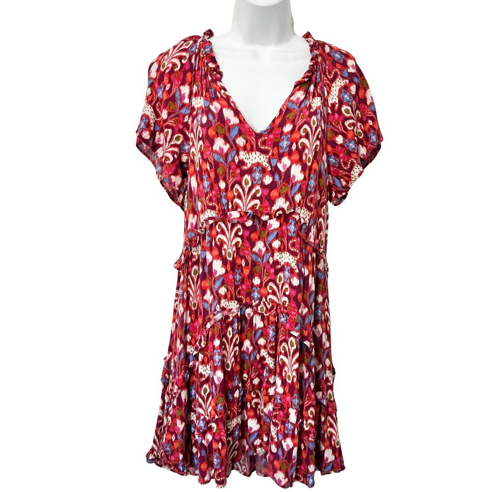 Anthropologie Pink Red Blue Ruffle Flutter Sleeve Dress size S Boho Tomato Girl